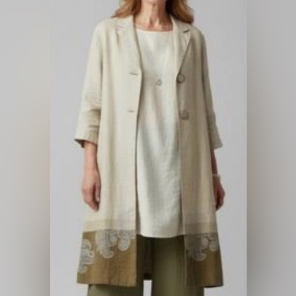 J Jill Vintage Cream Linen Long Coat with Embroidered Details